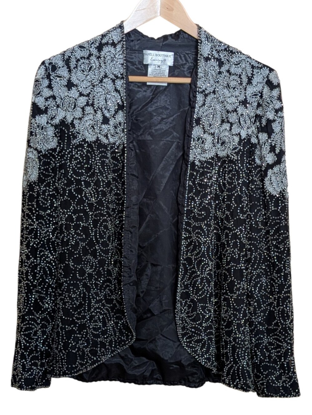Papell Boutique Black Silk Beaded Evening Blazer Silver Evening Holiday Classic